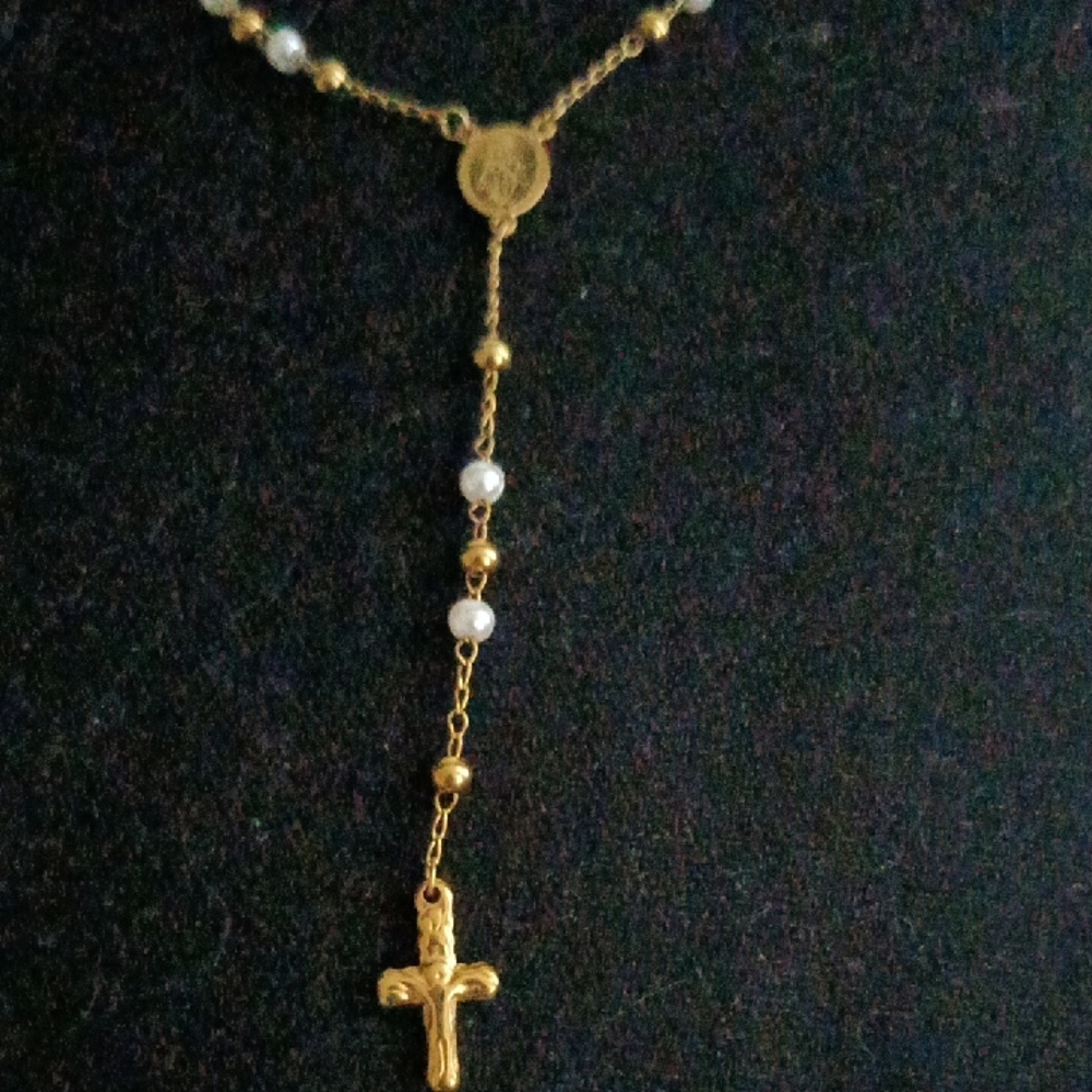Gold and Pearl Cross Pendant Necklace